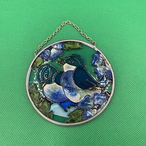 Joan baker Bluebirds of Happiness in Tree & Flowers Round Stained Glass  3.5"